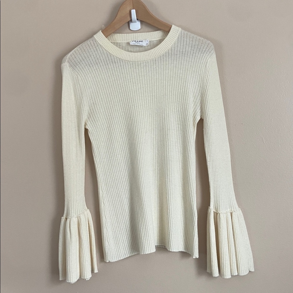 FRAME Ivory Ribbed Bell Sleeve Wool Blend  Sweater Small - Picture 2 of 7